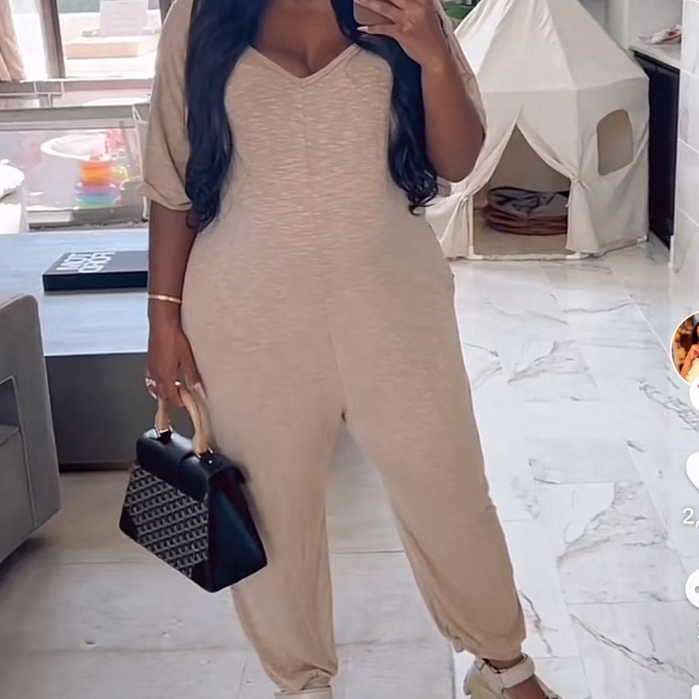 Relaxed V-Neck Jumpsuit in Beige